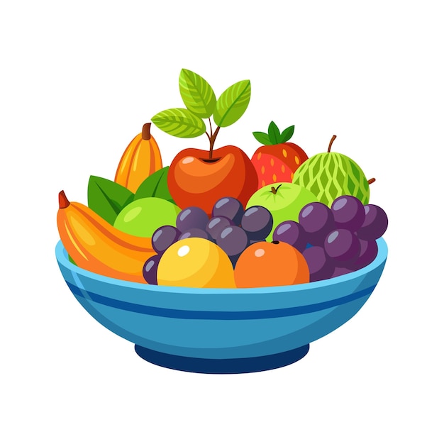 un plato de fruta con un plato azul de fruta en él