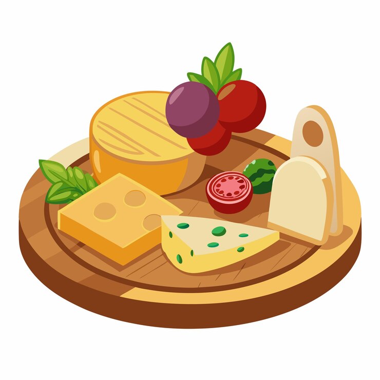 Vector un plato de madera con frambuesas de queso y frambuesas en él