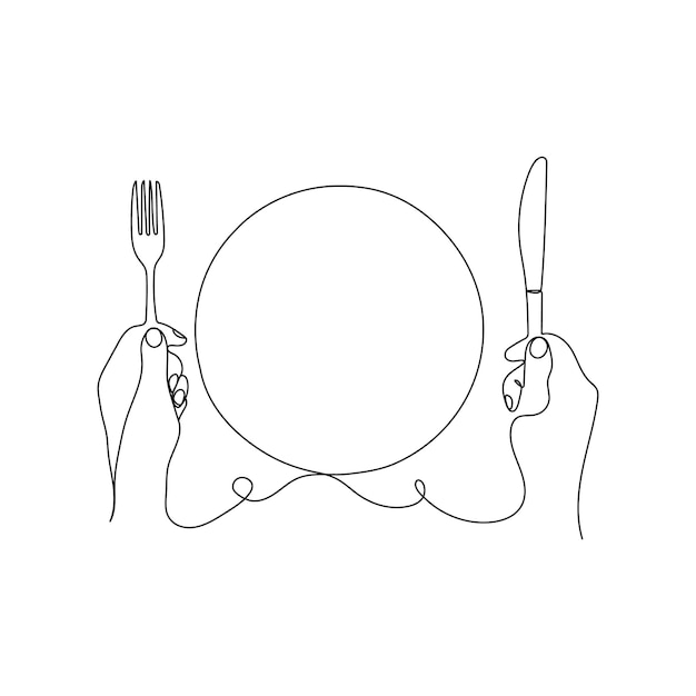 Plato y manos sosteniendo cubiertos, tenedor y cuchillo, lugar para la cena, concepto de restaurante, arte lineal.