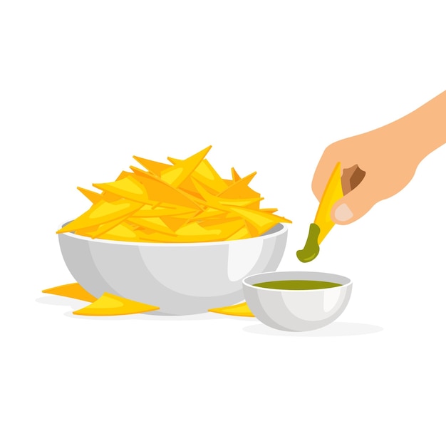 Plato de nachos mexicanos con salsa de guacamole. el hombre come nachos calientes. ilustración vectorial