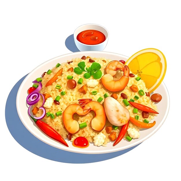 Un plato de nasi goreng malaio que consiste en arroz frito con una ilustración de comida de pollo