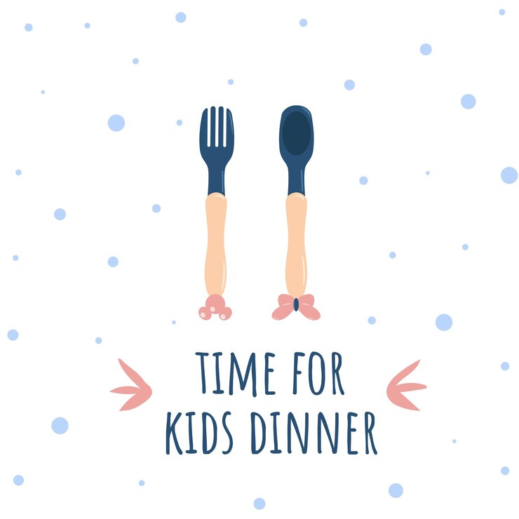 Vector plato para niños, tenedor y cuchara, platos de silicona para bebés, fondo blanco, título, tiempo para niños.