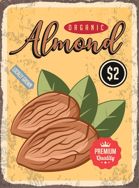 Vector plato oxidado de almendras mercado de alimentos vegetales póster vectorial retro