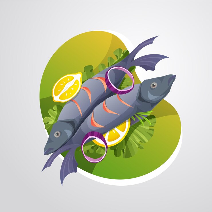 Vector plato de pescado de salmón de vector libre con cebolla y lima