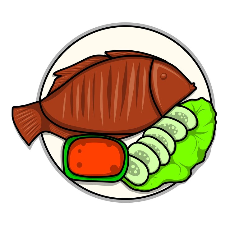 un plato de pescado y verduras con una imagen de un pescado en él