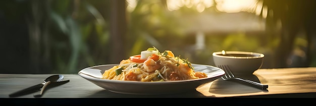 Vector plato de platos de verduras con foto de camarón en el lado cosa en la mesa con fondo borroso