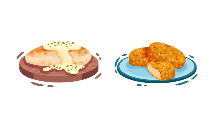 Vector plato de pollo cocido con pepitas fritas y filete con salsa de crema vector set