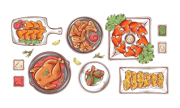 Plato de pollo dibujado a mano ilustración colorida. Elemento de plantilla de comida de marco de vista superior de conjunto de carne de pollo