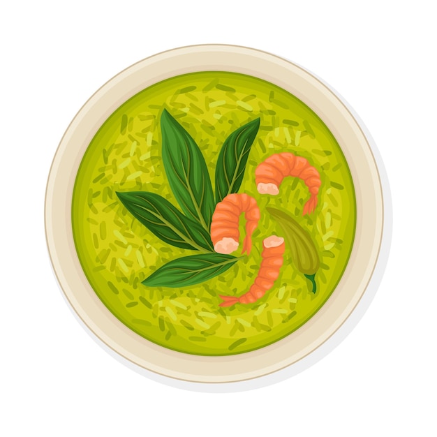 El plato principal tailandés con arroz y camarones Ilustración vectorial de vista superior