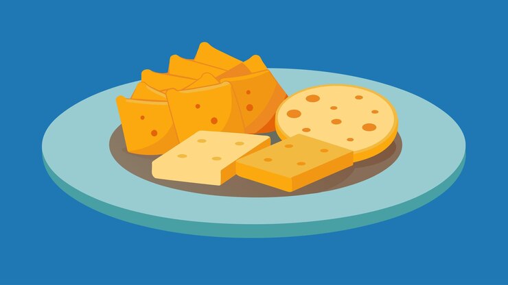 Vector un plato de queso picado y galletas ideales para masticar entre inmersiones en el vector oceánico