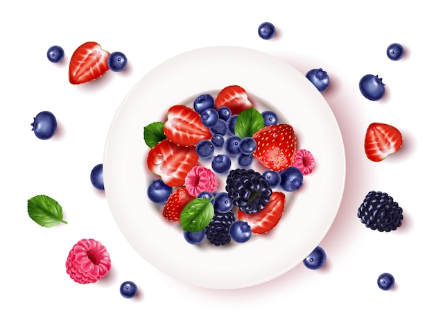 Vector plato realista de bayas frescas fresas moras arándanos frambuesas vista superior ilustración vectorial