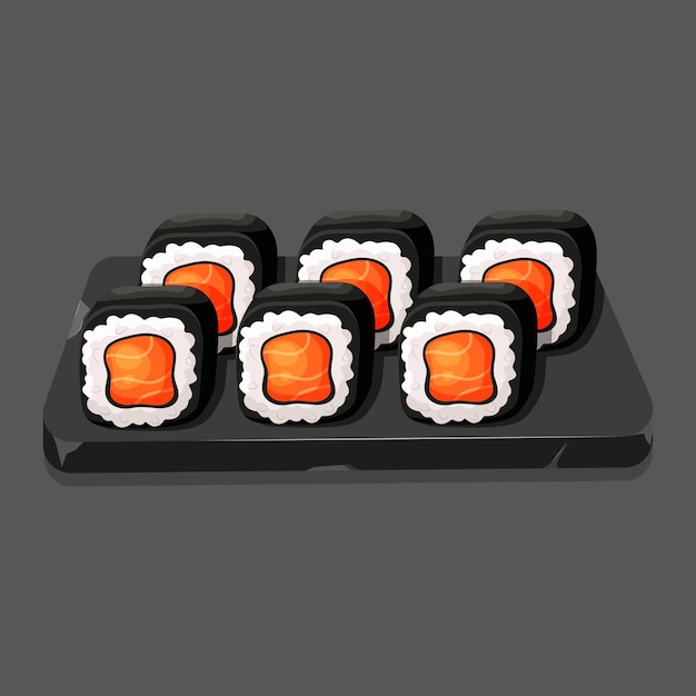 Plato roto de piedra con rollos de sushi con dibujos animados de comida asiática de salmón nori