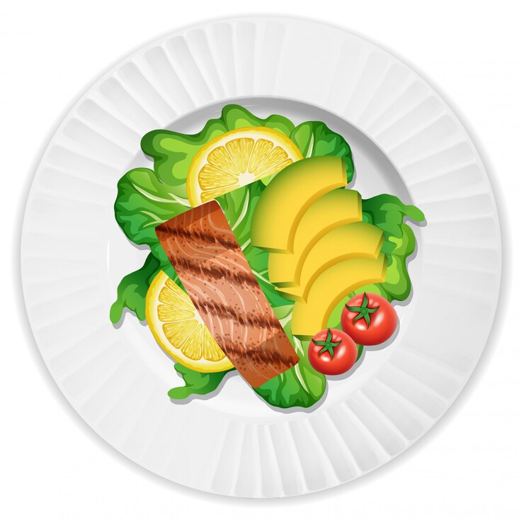 Vector un plato de salmón y ensalada