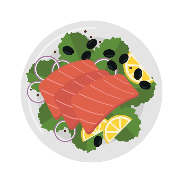 Vector plato de salmón con vector de ensalada aislado