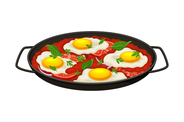 Vector plato de shakshuka de huevos cocidos en salsa de tomate servido en una sartén de hierro fundido ilustración vectorial