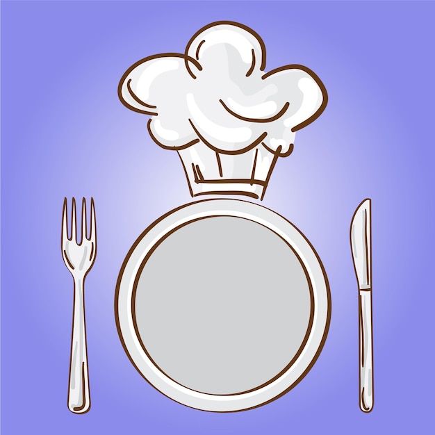 Un plato con un sombrero de chef y un tenedor sobre un fondo morado.