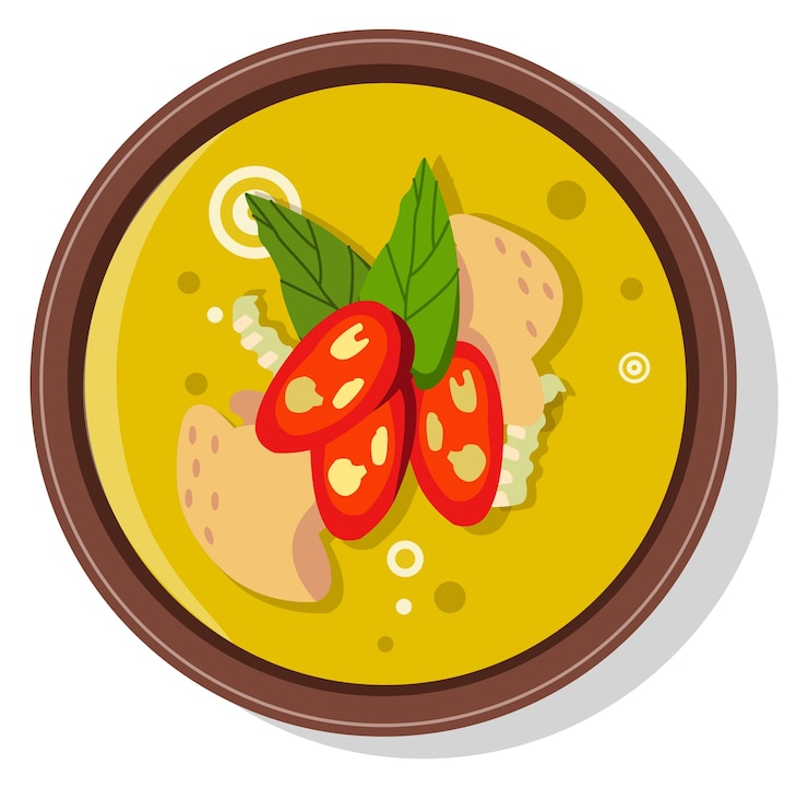 Vector plato de sopa asiática vista superior de curry rojo