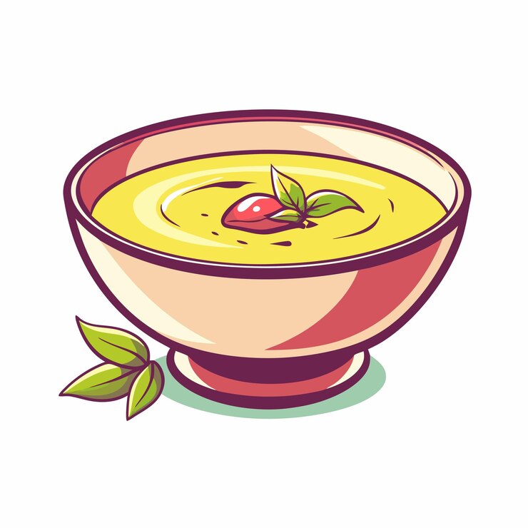 Vector un plato de sopa con una fresa al lado