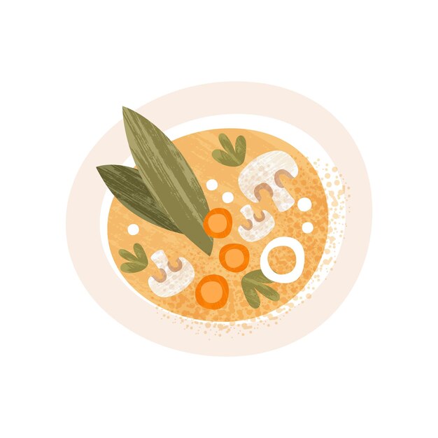 Plato de sopa sabrosa con champiñones y zanahoria vista superior plato apetitoso icono de vector plano con textura
