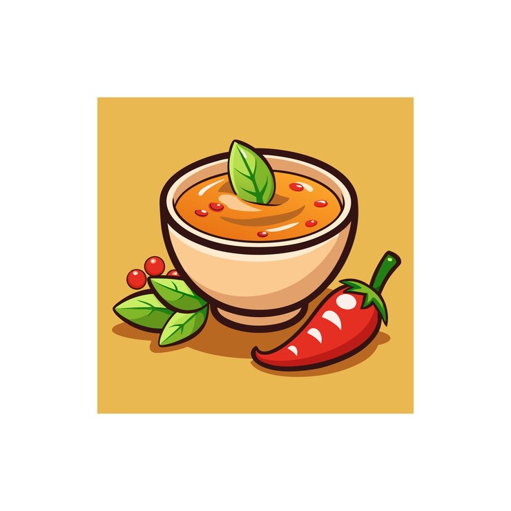 Vector un plato de sopa con un tomate cereza y una cereza en él