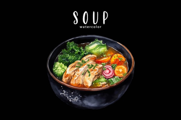 Vector un plato de sopa de verduras con pollo en un fondo negro