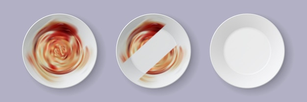 Vector plato sucio realista. proceso de limpieza del plato con jabón para lavar platos. platos 3d con sobras de comida y plantilla de vector de raya limpia. ilustración utensilio lío en salsa, comida después de cenar