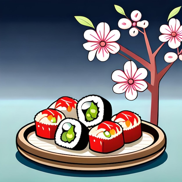 Un plato de sushi con una flor encima.