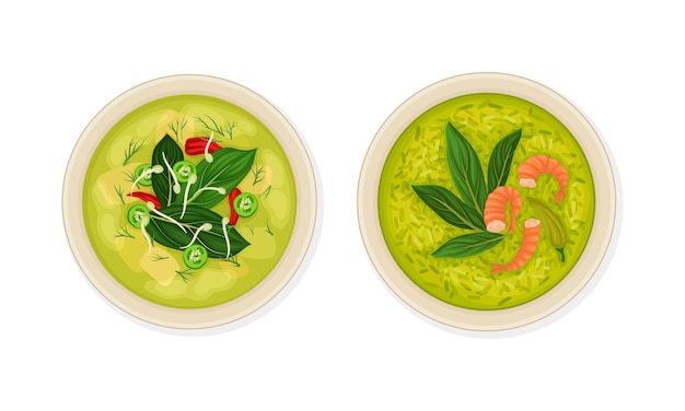 Plato tailandés y plato principal con sopa de arroz con camarones y hierbas servidas en el plato por encima del vector de vista