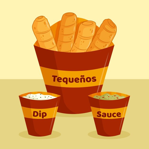 Vector plato de tequeños dibujado a mano con dip y salsa