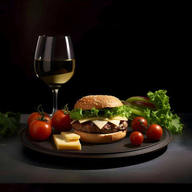 Plato con tomate, lechuga de queso y hamburguesa, vaso de vino de fondo negro.