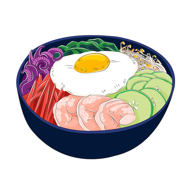 Vector plato tradicional coreano bibimbap con huevo frito, calamares, gambas, pepino, brotes de soja y algas.