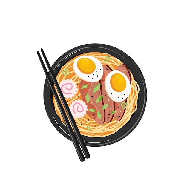 Plato tradicional japonés de ramen con fideos, huevo y ternera sobre un fondo blanco Cocina asiática Vector