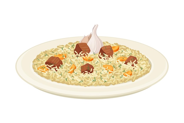 Plato tradicional uzbeko de arroz, verduras, carne y especias llamado pilaf Ilustración vectorial de vista lateral