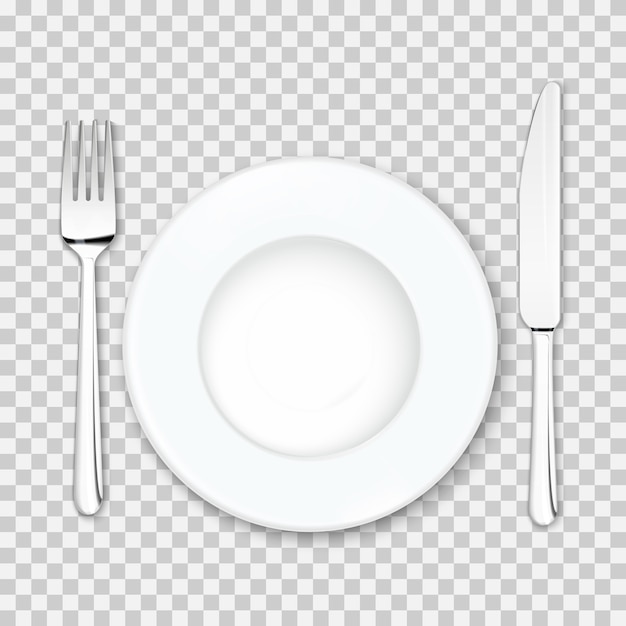 Plato vacío con cuchillo y tenedor aislado en blanco.