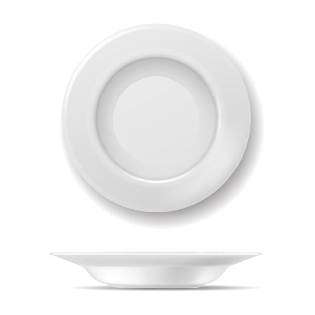 Plato vacío Vista superior plato vista lateral cerámica cocina porcelana elemento aislado Utensilio en blanco de cocina para desayuno comida cocina tazón redondo Vector ilustración de vajilla realista