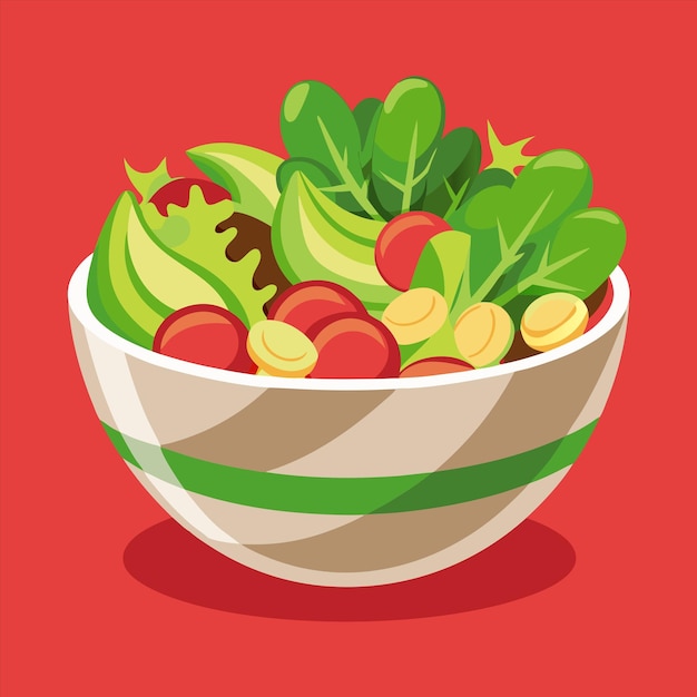 un plato de verduras con un fondo rojo con una imagen de una ensalada en el medio