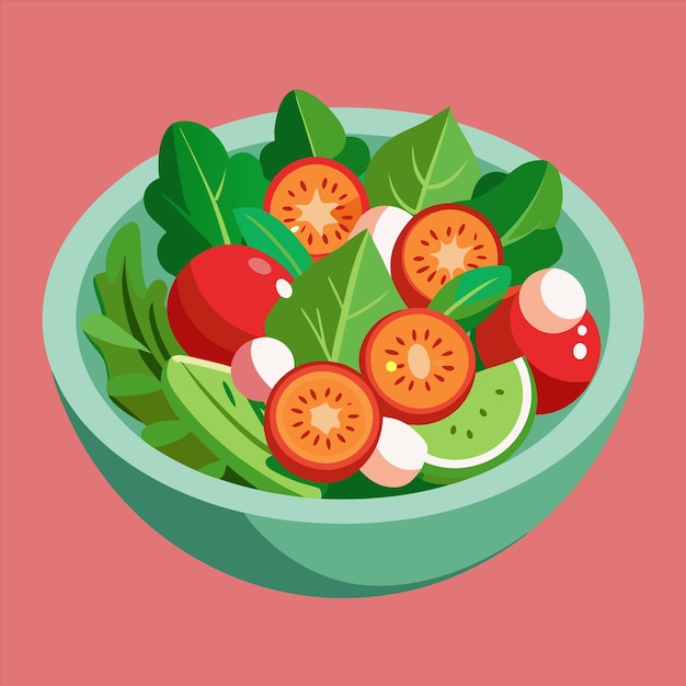 un plato de verduras con un fondo rojo con una imagen de tomates y pepino