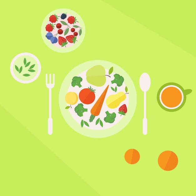 Plato con verduras frutas y vaso de jugo.