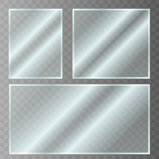 Vector plato de vidrio. acrílico y textura de vidrio con resplandores y luz. ventana de cristal transparente realista en marco rectangular. vector