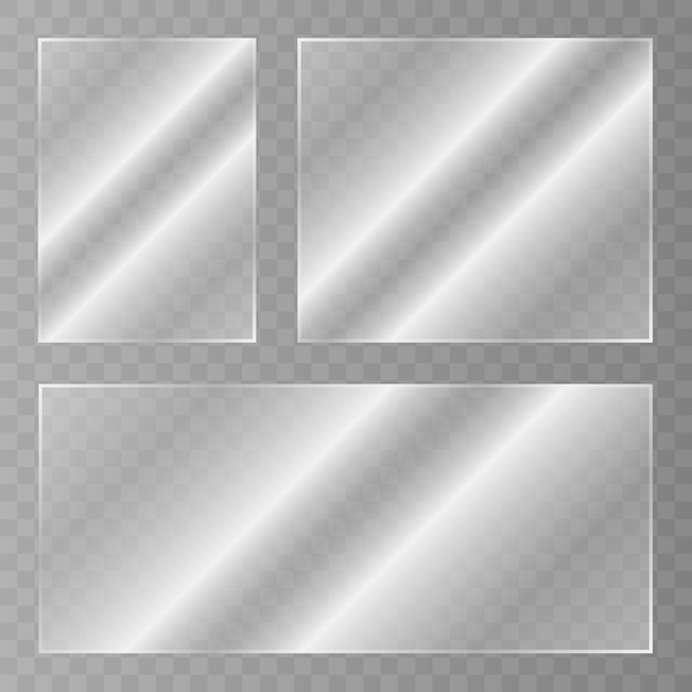 Vector plato de vidrio. acrílico y textura de vidrio con resplandores y luz. ventana de cristal transparente realista en marco rectangular. vector