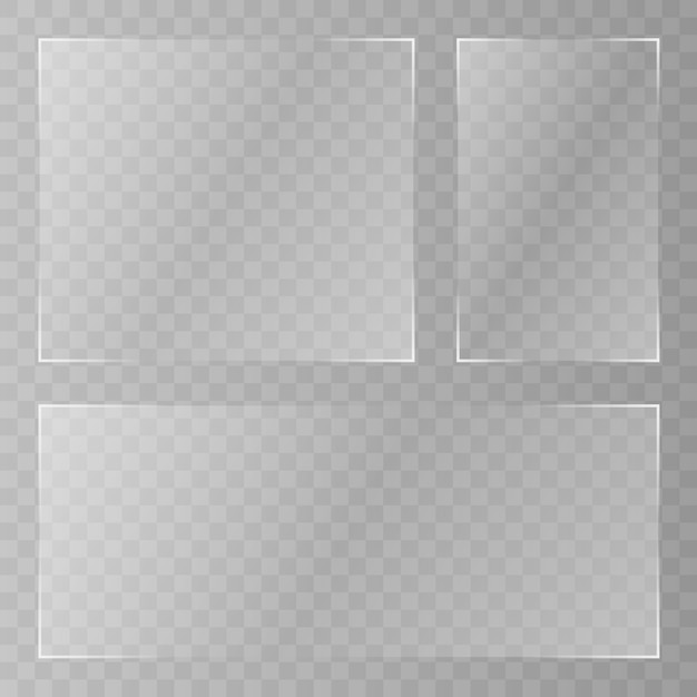 Plato de vidrio . Acrílico y textura de vidrio con resplandores y luz. Ventana de cristal transparente realista en marco rectangular.