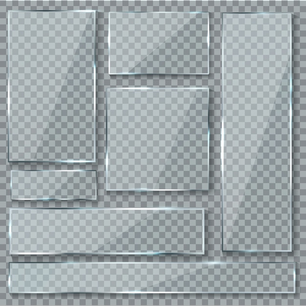 Vector plato de vidrio. efecto de textura de vidrio ventana plástico transparente transparente pancartas placas acrílico brillante signos conjunto