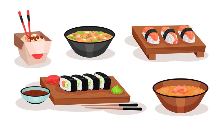 Vector platos asiáticos de servicio conjunto vectorial colección de comidas tradicionales concepto de cocina oriental