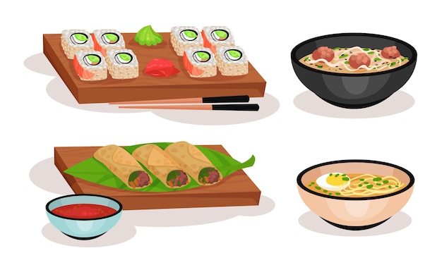 Platos asiáticos de servicio Conjunto vectorial Colección de comidas tradicionales Concepto de cocina oriental