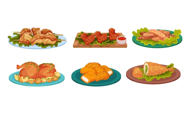 Platos con carne a la parrilla servida en platos con ilustraciones vectoriales de vegetación Conjunto de porciones de restaurante Concepto de diseño