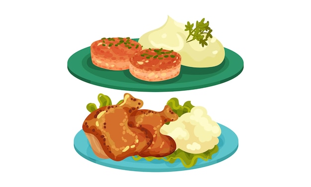 Platos de carne con pastel de patata con puré de patata y pollo servidos en un juego vectorial de platos