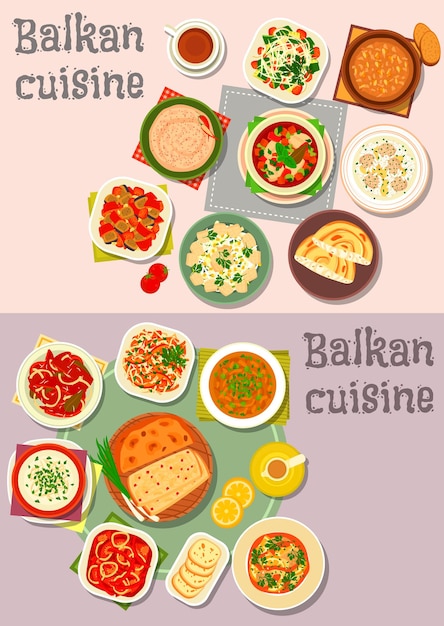 Platos de cena de cocina balcánica con conjunto de iconos de pasteles