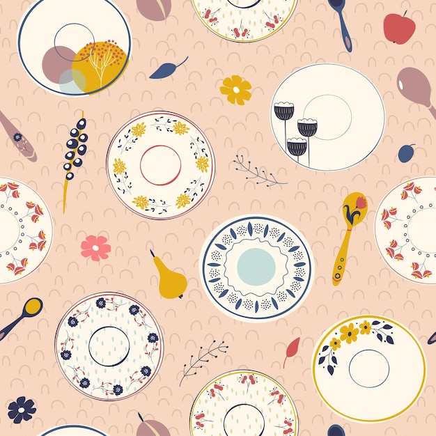 Platos de cerámica, bonitos platos con motivos florales. Patrón sin costuras