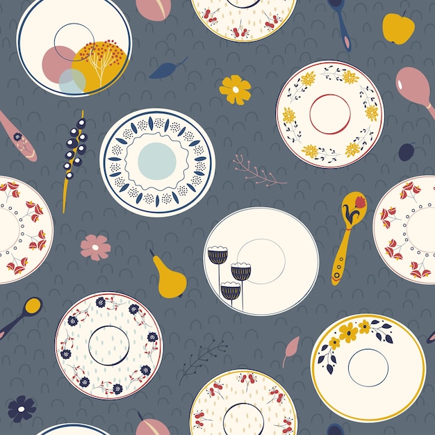 Platos de cerámica, bonitos platos con motivos florales. Patrón sin costuras