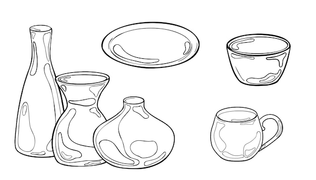 Platos de cerámica dispuestos en línea vectorial negra y blanca aislados Plato de copa de cerámica y silueta de cuenco dibujado a mano Elementos de vajilla en arte gráfico lineal Coloreo de utensilios de cocina